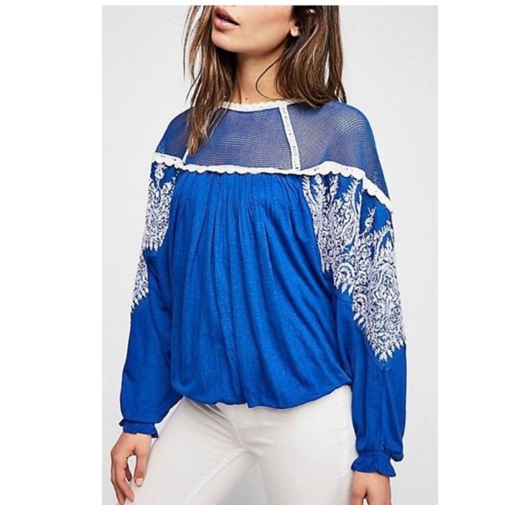 Free People Carly Embroidered Crochet Blue Blouse XS